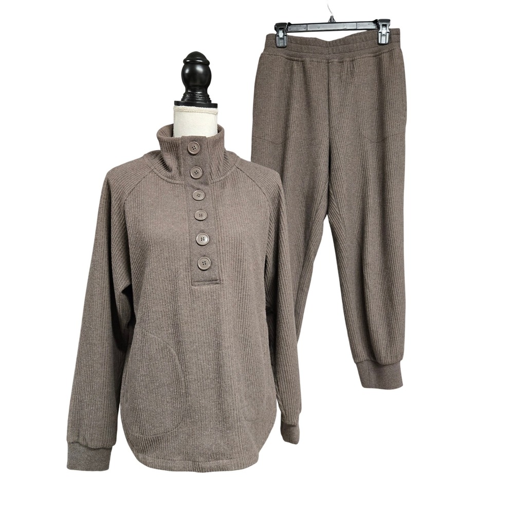 Varley Cord Sweat Ribbed Knit Lounge Set Sweatshirt & Sweatpants Brown Size S-M
